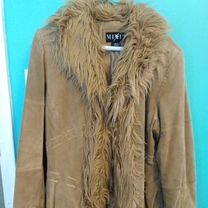 Suede, fur-like trim coat